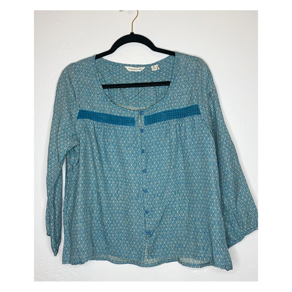 Toad&Co Blouse Top size Medium blue green peasant 3/4 sleeves button up scoop
